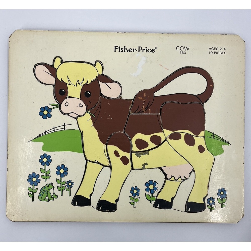 Vintage Fisher Price Cow Puzzle Wood 10 Pieces 560 Ages 2-4 Complete 1974